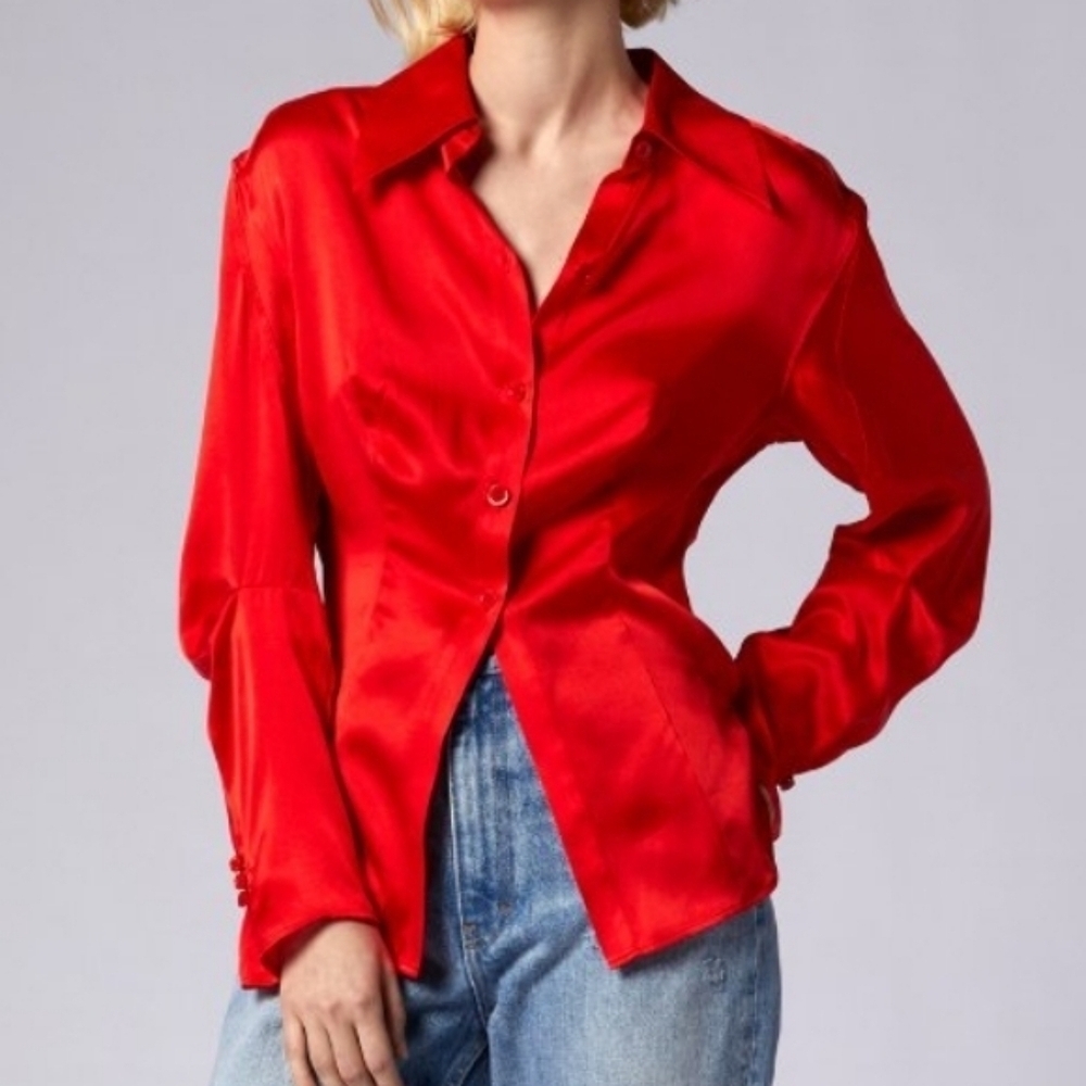 Equipment Firey Red Bailey Long-Sleeve Button-Down Silk Blouse - Size 8